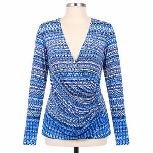 Cache Top Women Medium Blue Geometric Ikat Long Sleeve Ruched V-Neck Faux Wrap